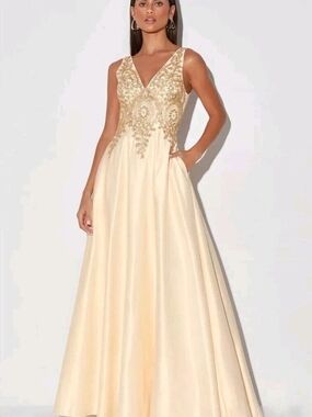 Lulu's Cream A-Line Gown with Gold Embroidered Bodice